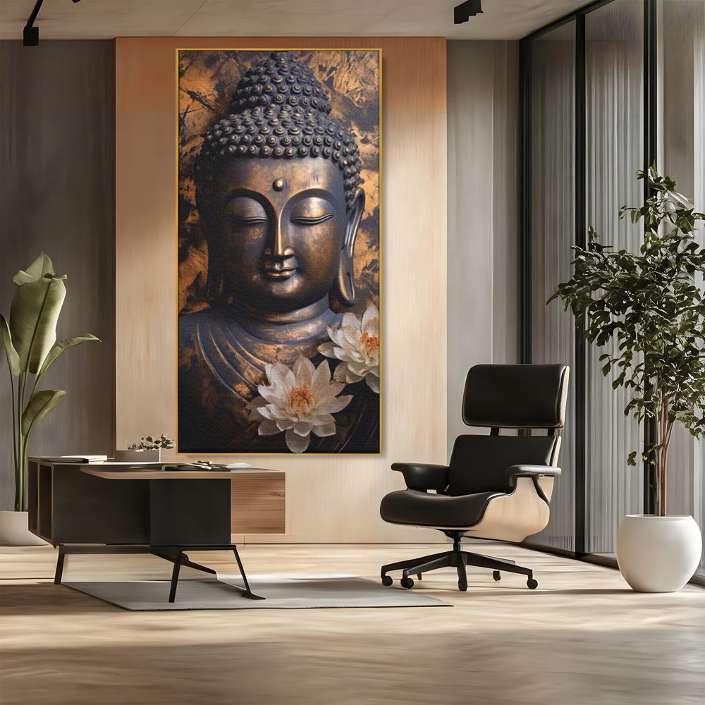 Tablou canvas cu tablou canvas cu buddha si flori de lotus, in rama de aluminiu auriu, pe perete intr-un birou